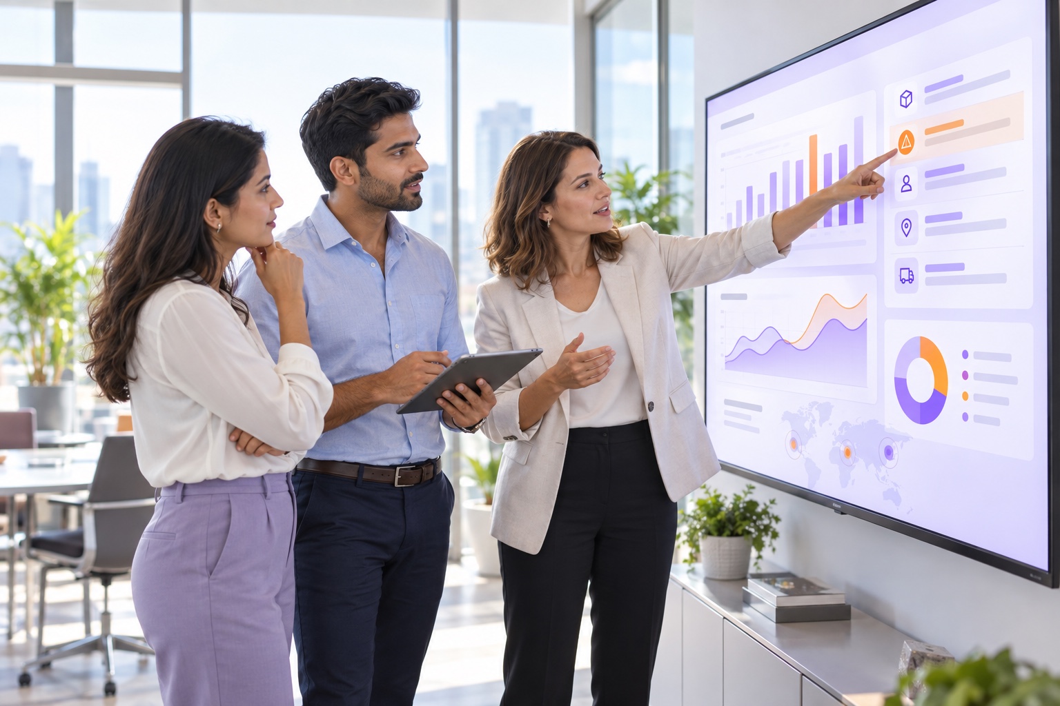 Business leaders review emerging issues on an illustrative intelligence display.
