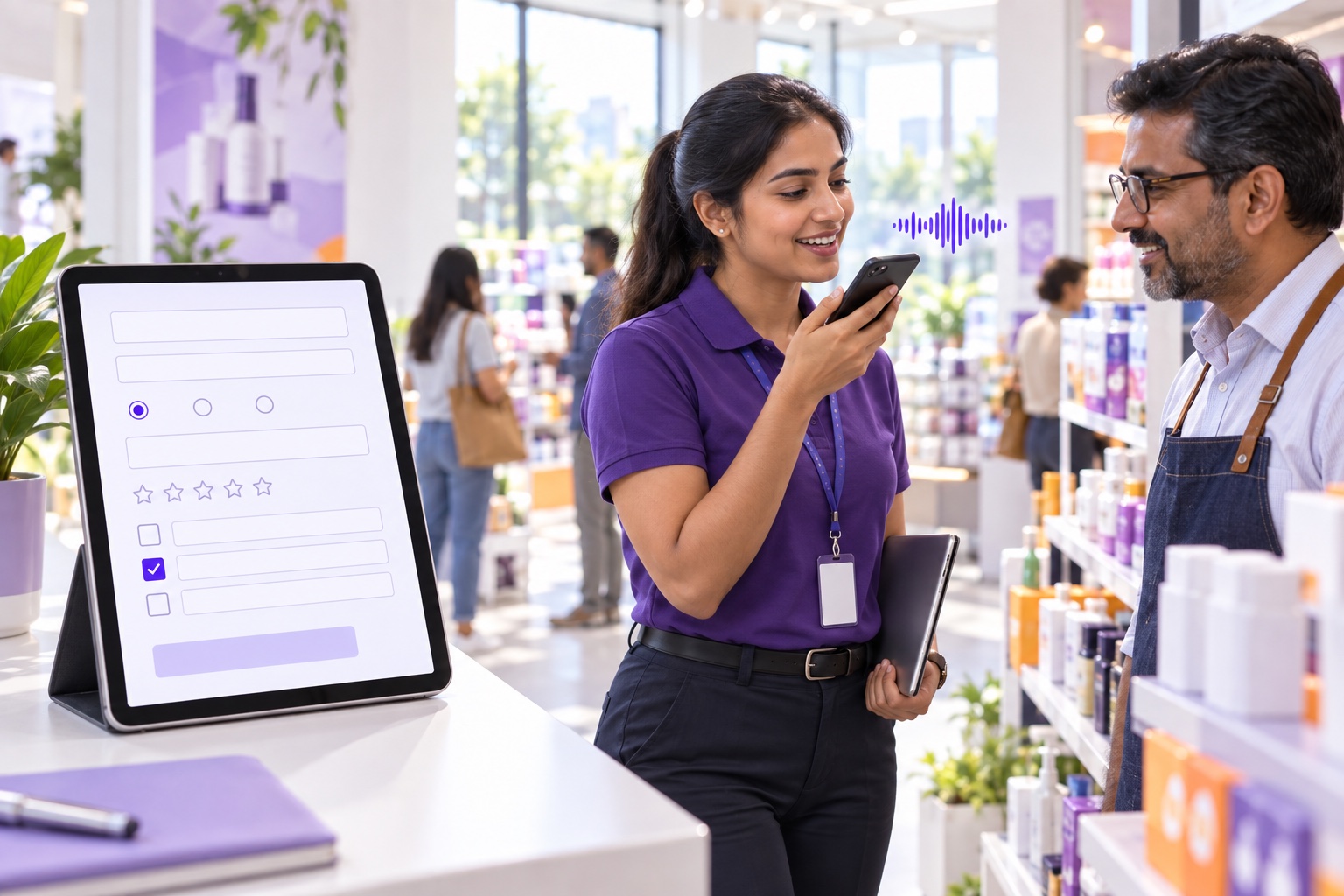 Predefined form fields alongside a frontline representative sharing observations from a store.