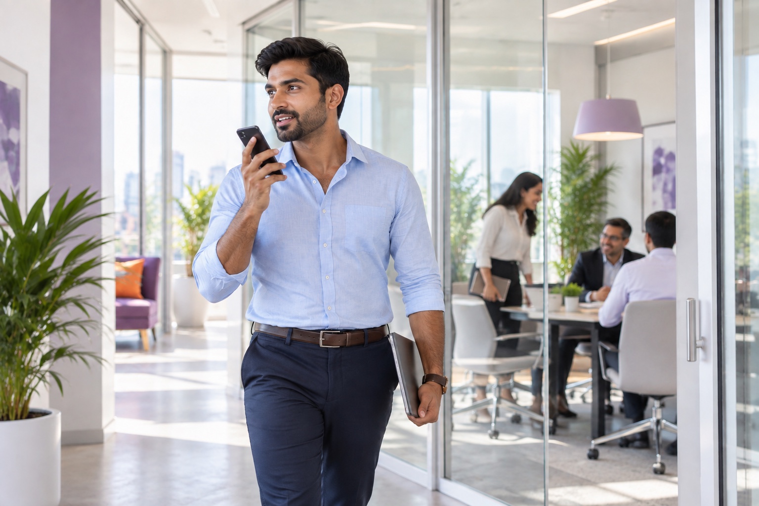 A salesperson captures fresh observations while walking out of a customer meeting.