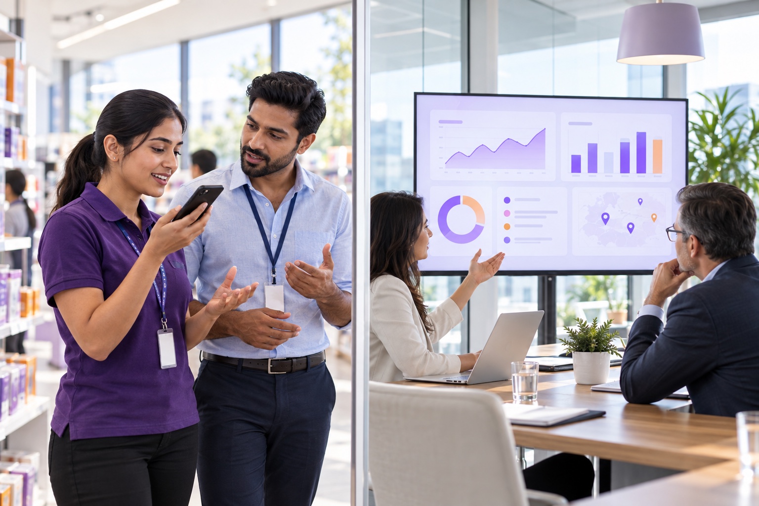 Frontline colleagues share observations while business leaders review intelligence.