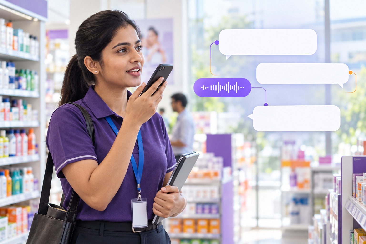 A frontline representative speaks with a conversational agent through her phone.