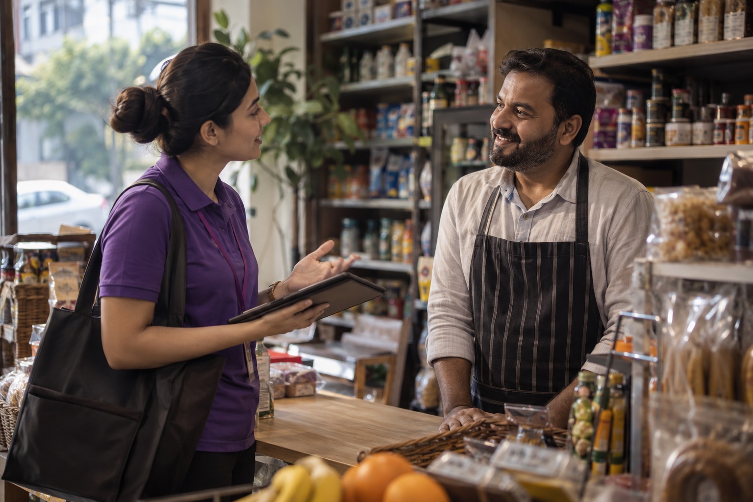 A field representative talks with a shopkeeper.