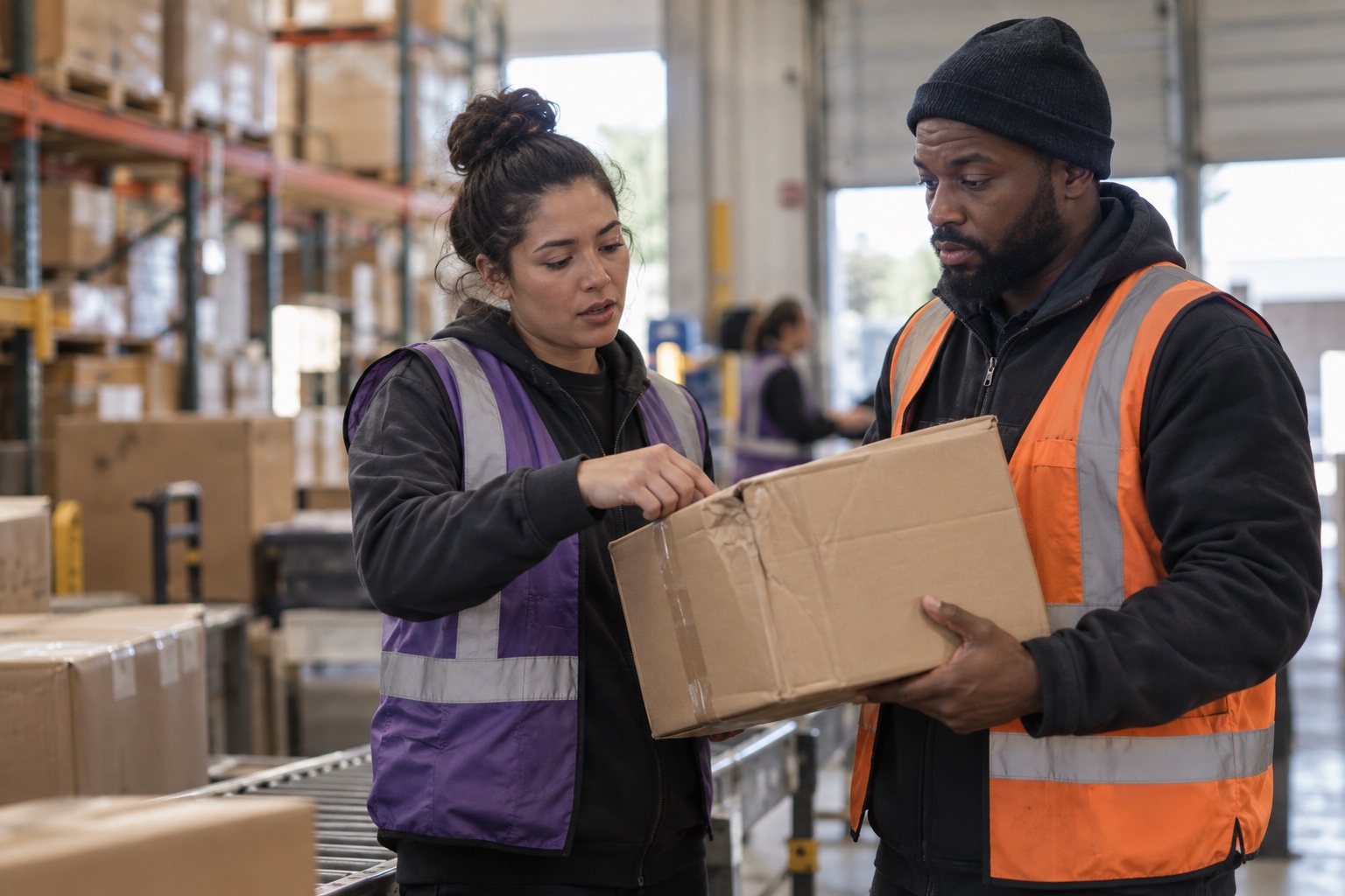 Warehouse colleagues discuss a packaging exception.