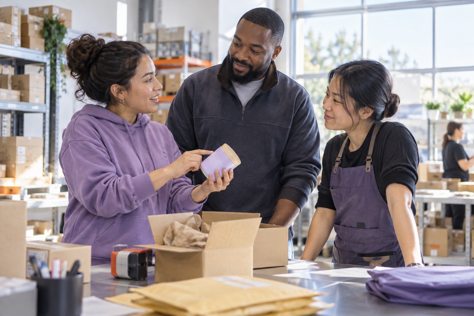 Fulfillment colleagues discuss a packaging observation in a bright workplace.