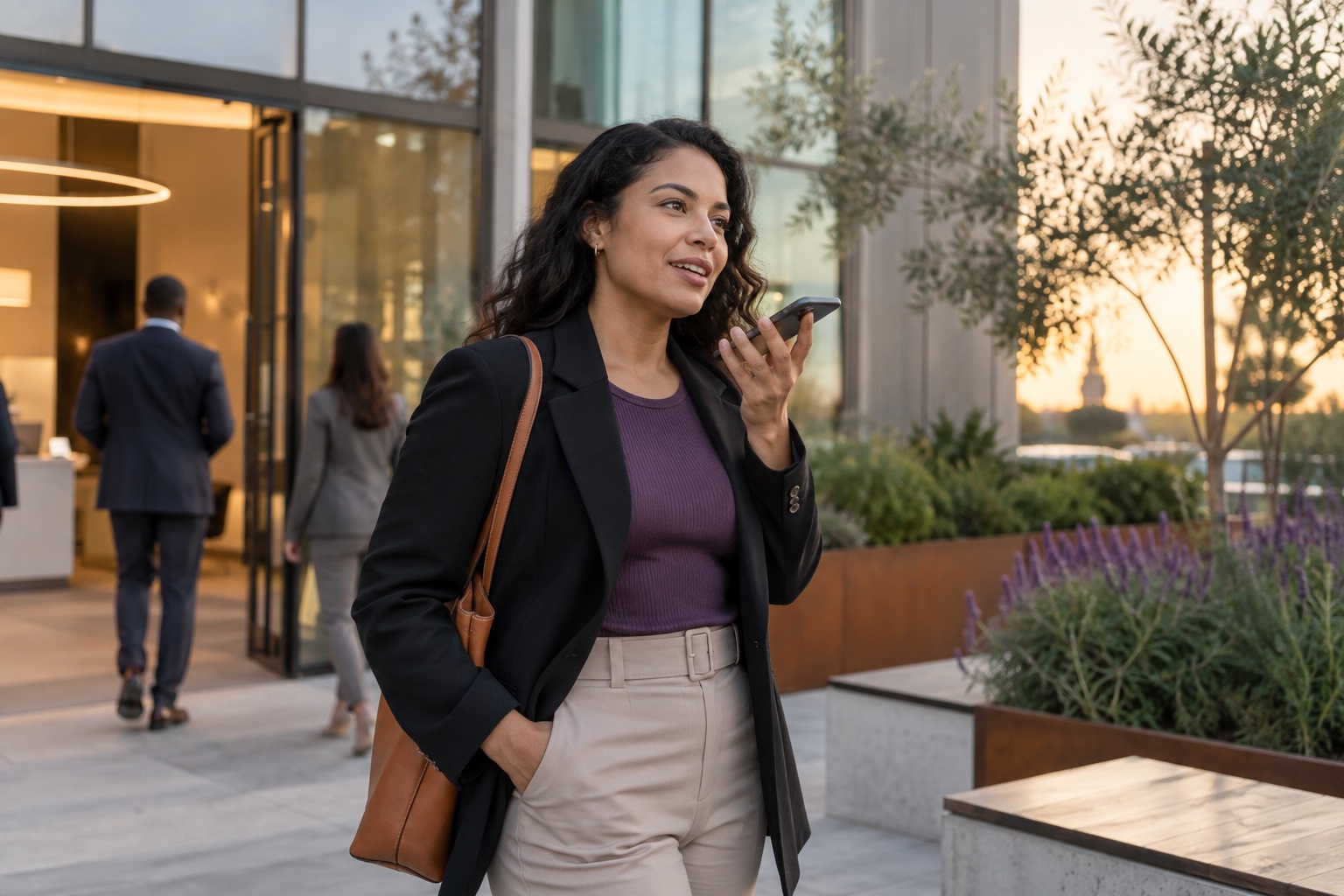 A sales professional gives a phone debrief outside a customer office.